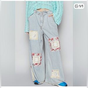 POL  Light Blue Striped Patchwork Flare  Wide Leg Jeans-Small